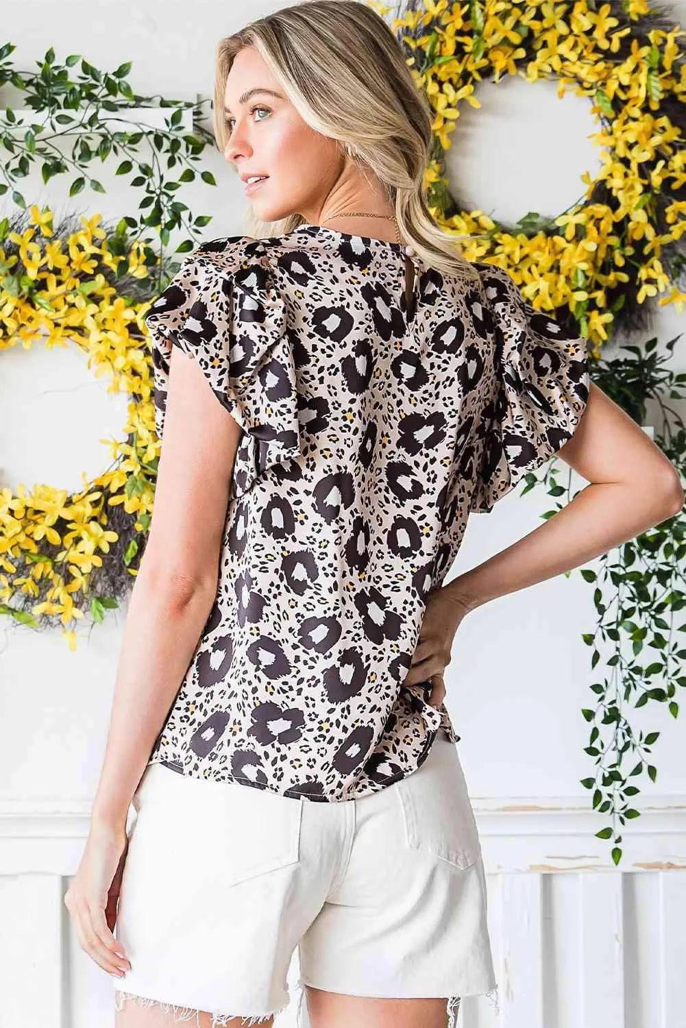 Animal Print Puff Sleeve Round Neck Blouse Blouses - Tophatter Daily Deals